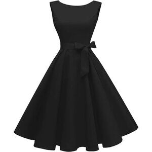 Women's Boatneck Sleeveless Swing Vintage 1950s Cocktail Black Midi Dress